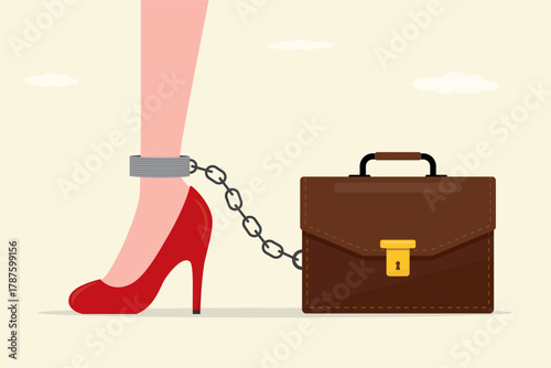 Female leg on high heels shoes chained to giant briefcase. Woman workaholic with work addiction. Women leg with shackles. Businesswoman, female employee. Corporate slavery.