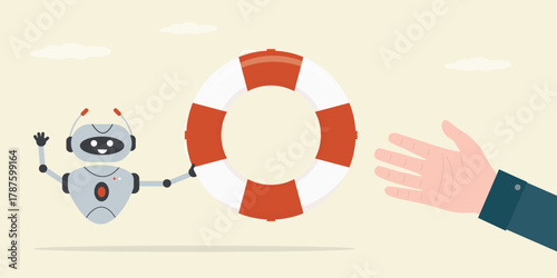 Robot give lifebuoy. Insurance, emergency service. Symbol of support for survival. Technologies helping humans. AI chat bot give red life preserver for user or customer.