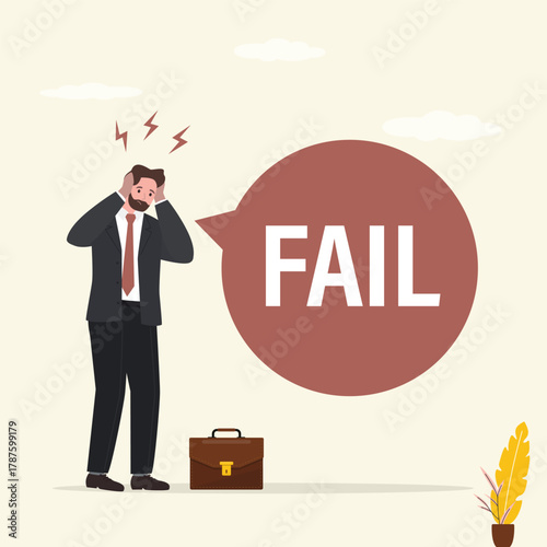 Depressed businessman with giant speech bubble. Financial crisis and money problem. After business failure, burnout or exhausted from crisis, no new idea or inspiration.