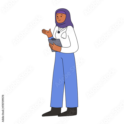 Vector illustration of a female nurse or medical worker standing with a clipboard. Healthcare professional in uniform, hospital staff, medical service, and doctor assistant concept. Flat cartoon style