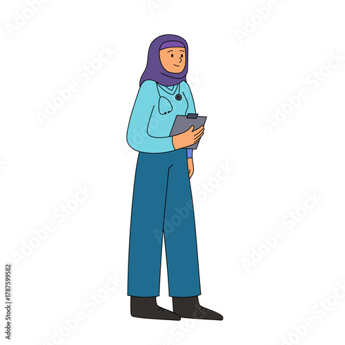 Vector illustration of a female nurse or medical worker standing with a clipboard. Healthcare professional in uniform, hospital staff, medical service, and doctor assistant concept. Flat cartoon style