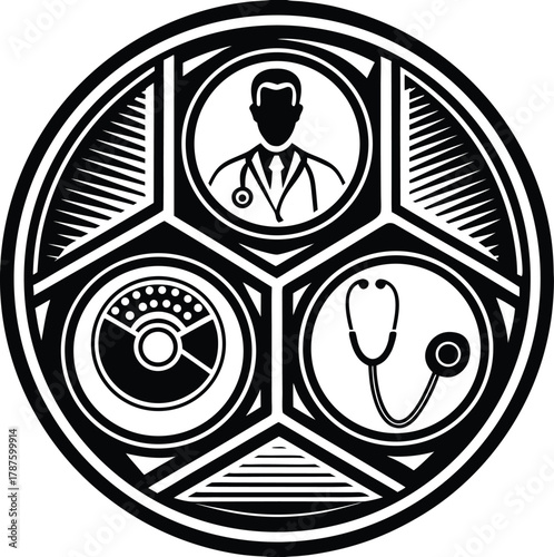 Medical design with doctor stethoscope and equipment in circle concept for healthcare and hospital showing diagnostic vector