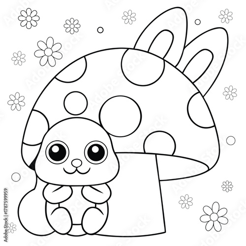 bunny playing hide and seek behind big mushroom coloring page