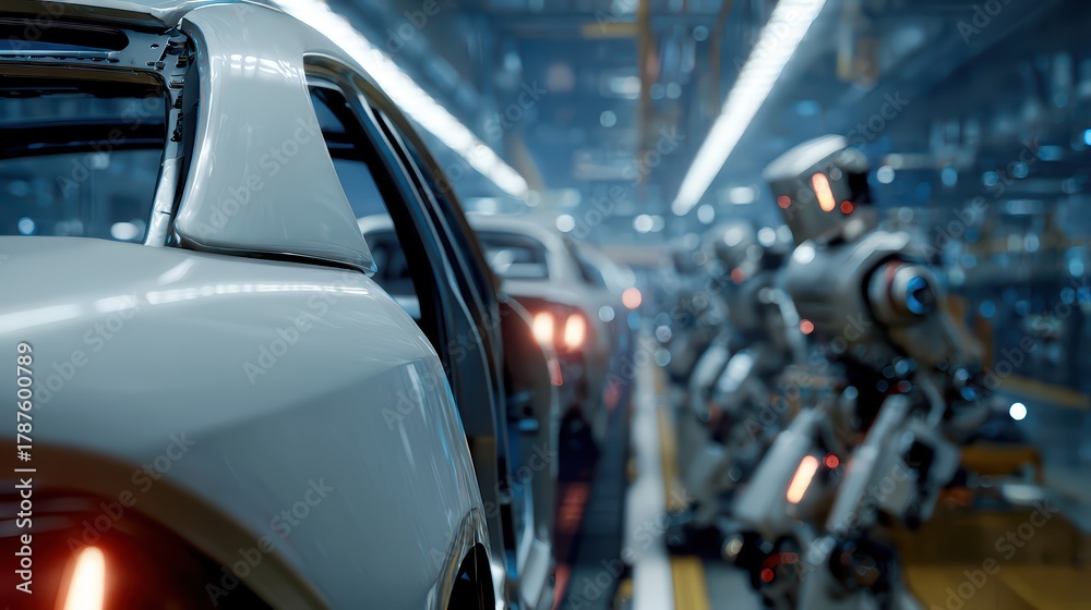 Fototapeta premium Advanced humanoid robot working on automated car manufacturing assembly line