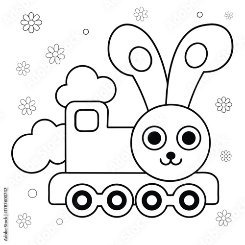 bunny riding toy train with smoke puffing out coloring page