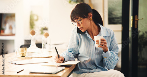 Obraz na płótnie Woman, coffee and phone call with notebook in home for writing notes, venue update and remote work
