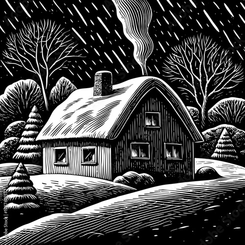 A cozy cabin nestled in a snowy landscape with smoke rising from chimney