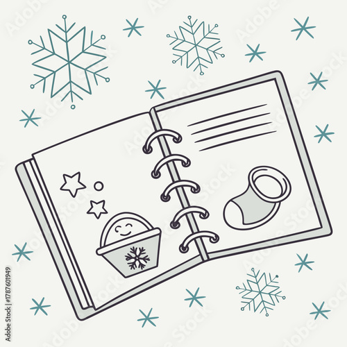 Open winter themed notebook with drawings