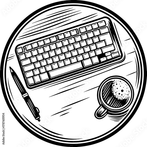 Overhead view of a keyboard, pen, and coffee cup on a round table