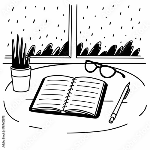 Rainy day scene with book, glasses, pen, and plant