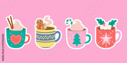 Christmas hot cocoa sticker set with festive mugs and winter sweets
