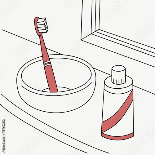 Illustration of a toothbrush, toothpaste, and bowl on a