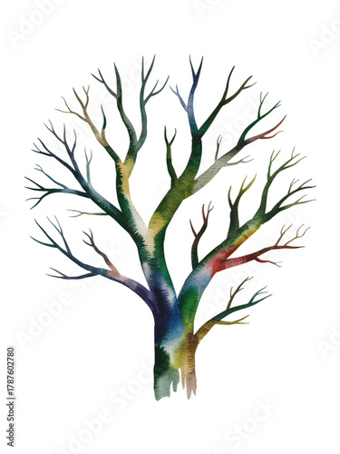 Vibrant watercolor tree illustration with colorful branches, perfect for nature-themed designs and art projects
