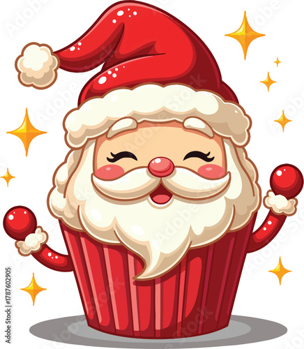 Festive Santa Cupcake Illustration with Sparkles
