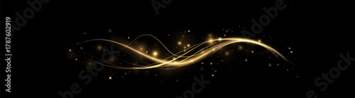 Golden curved light line.Confetti sparkles in a wave. Sparkling magical dust particles.golden stars shine with special light. Magical shining gold dust.	
