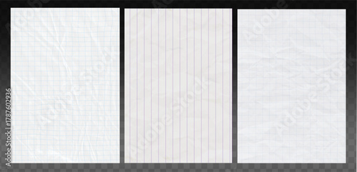 Set of realistic texture of crumpled paper in a cell and line. Crumpled sheets from a school notebook. Paper texture with cracks, creases and dents. White clean crumpled paper.