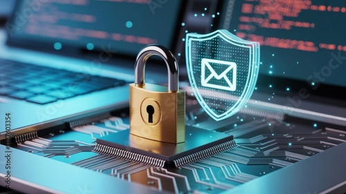 A golden padlock and a glowing shield icon with an envelope symbol are placed on a laptop keyboard, symbolizing digital security, data protection, and email safety