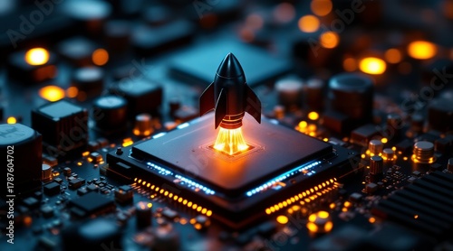 A miniature rocket launches from a computer chip, symbolizing innovation, technology, and the startup industry