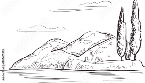 Black white drawing coastal hills trees vector