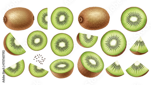A vibrant collection of whole, halved, and sliced kiwi fruits, showcasing their brown skin and green flesh.