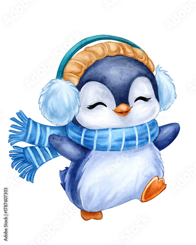 Watercolor Penguin In Blue Scarf And Earmuffs, Cute Winter Bird Illustration, Christmas Animal Art For Holiday Cards, Stickers, And Kids Designs