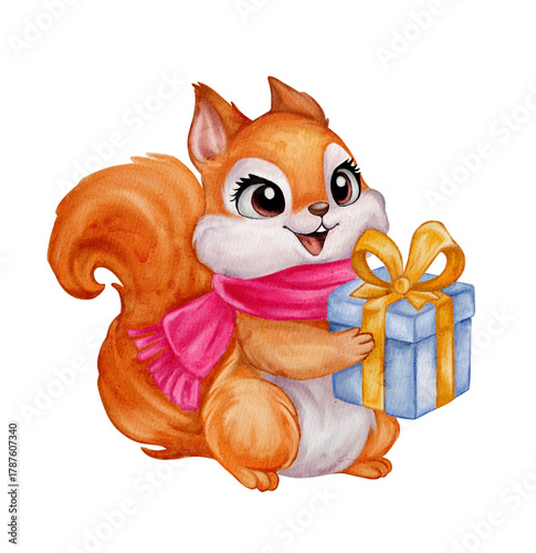 Cute Watercolor Squirrel In Pink Scarf Holding Gift Box With Yellow Ribbon, Winter Animal Illustration, Christmas Woodland Character Art For Holiday Cards And Stickers