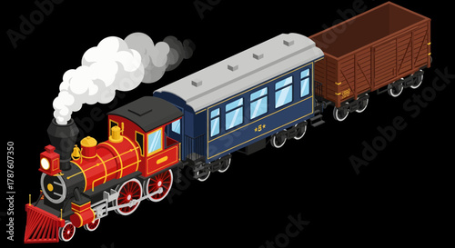 Vintage steam train chugging along the tracks with passenger cars.