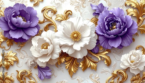 Close-up of lush, intricately designed floral arrangement in white and purple hues, accented with golden, ornate details