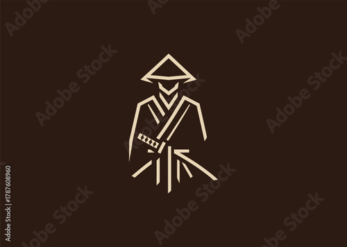 A detailed ronin logo in minimalist line art style, depicting a lone samurai warrior with flowing robes and katana, representing honor, freedom, and solitude, designed as a bold vector illustration