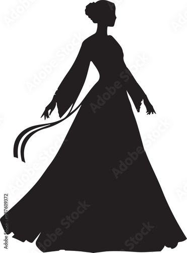 An elegant black silhouette of a woman in a traditional Turkish fashion dress from the 1800s.