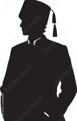 Silhouette of a man in 1800s Turkish fashion, wearing a fez and coat, side profile view.