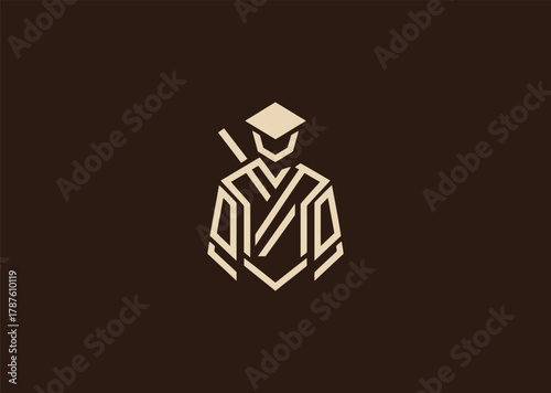 A detailed ronin logo in minimalist line art style, depicting a lone samurai warrior with flowing robes and katana, representing honor, freedom, and solitude, designed as a bold vector illustration