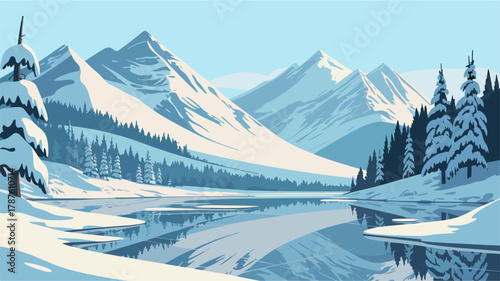 Vector winter landscape with snow-covered mountains, reflective lake, and snow-laden evergreen trees in cool blue tones. Minimalist, serene, and perfect for seasonal designs
