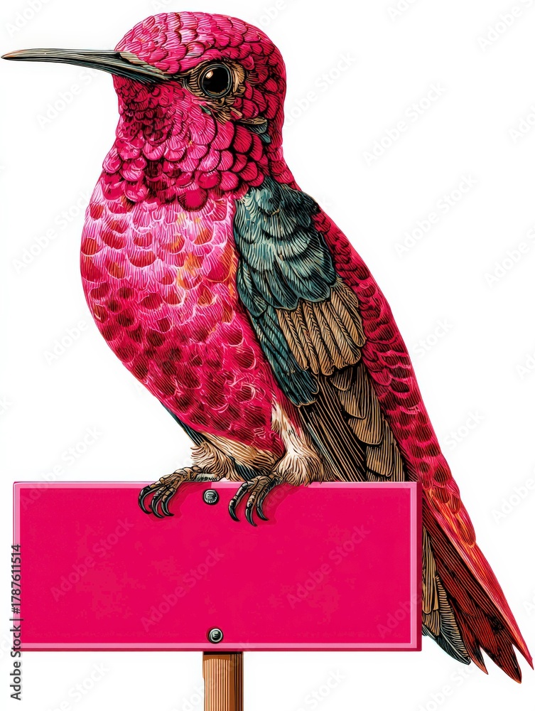 Fototapeta premium Bright Pink Hummingbird Perched on a Blank Sign in a Vibrant Setting