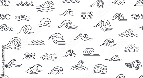 Seamless pattern of various minimalist line art wave icons and symbols on a white background, depicting different forms of water movement.