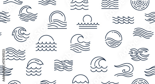 Seamless pattern featuring a variety of minimalist line art wave icons, depicting different forms of ocean and water movement on a clean white background.