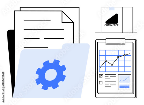 Papers and folders with gear icon, report with graph and checklist, commerce file. Ideal for business, data management, report organization, workflow, productivity analytics office tasks. Simple