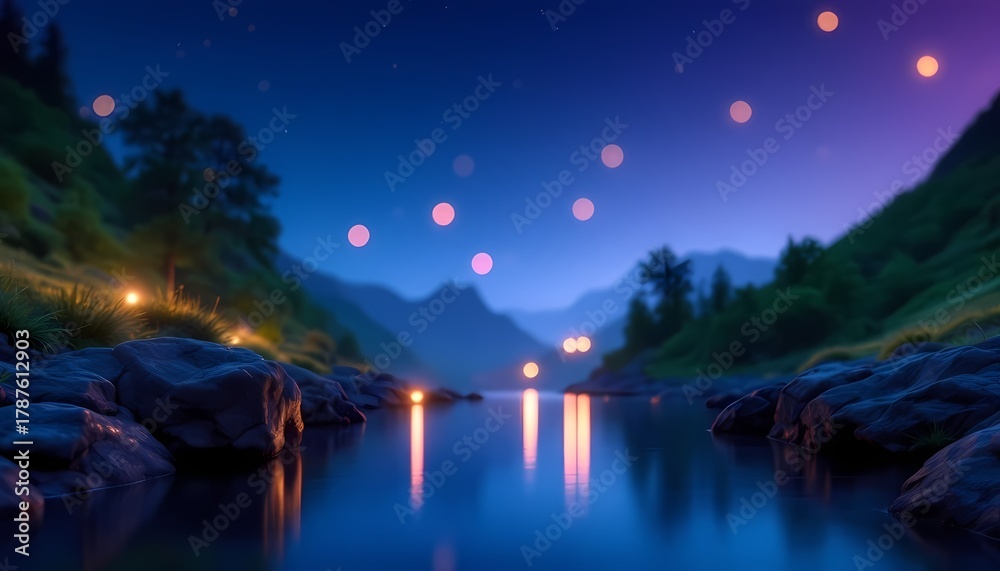 Obraz premium Night river landscape with glowing lights and mountain reflections