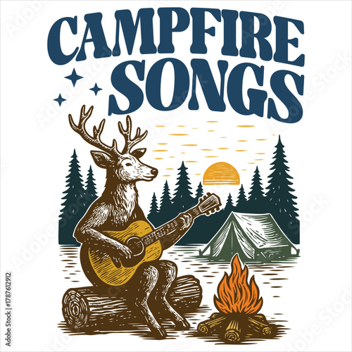 Campfire songs, Deer Playing Guitar by Campfire in Forest Sunset Scene
