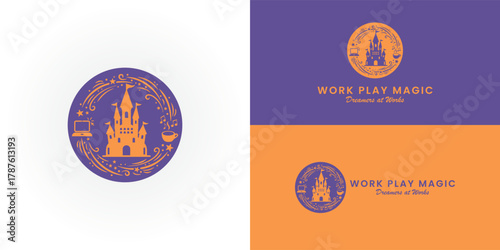 The simple black castle, surrounded by swirling stars and dynamic icons such as a laptop, coffee, and notes, embodies the fun, magical energy of working near a theme park.