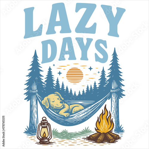 Lazy Days, Dog Relaxing In Hammock By Campfire In Forest Sunset Scene