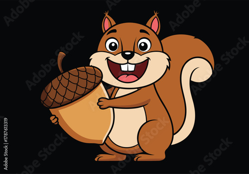 Cartoon squirrel holding large acorn with happy expression, bushy tail and autumn theme for seasonal nature vector illustration design