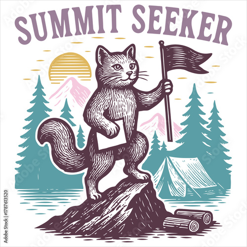 Summit Seeker, Cat Standing On Mountain Peak Holding Flag In Forest Adventure Scene
