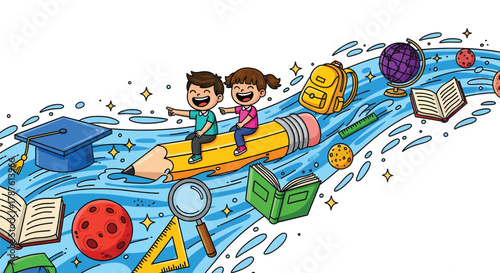 Two happy children riding a giant pencil on a river of knowledge.