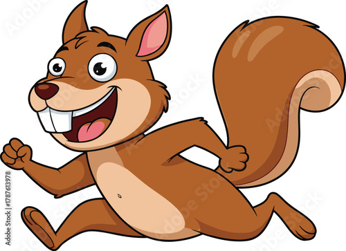 Cartoon squirrel running with cheerful smile, bushy tail and playful pose for children’s nature, forest animal vector illustration design