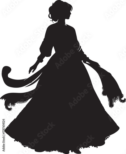 A black silhouette illustration of a woman in 1800s Turkish fashion, likely wearing a long gown and scarf-like accessories.