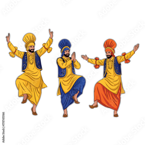 Three men dancing in traditional Indian attire with colorful turbans  
