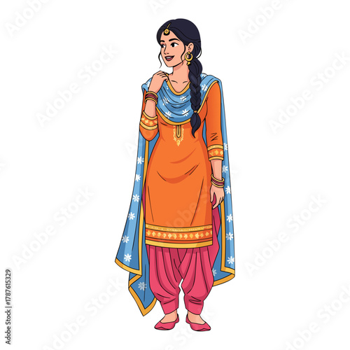 Young woman in traditional attire smiling and posing confidently  