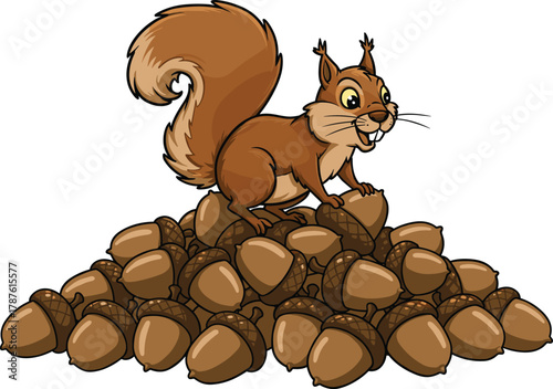 Cartoon squirrel standing on acorn pile with cheerful expression, autumn wildlife vector for nature, kids, forest and educational themes