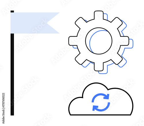 Gear symbolizing automation, cloud with sync arrows indicating data integration, and flag representing goals. Ideal for technology, productivity, innovation, leadership, teamwork, progress